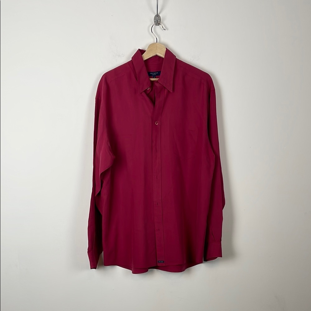 Ted Baker London Men's 4 Long Sleeve Button Down 1 Pocket Dress Red Wine Shirt
